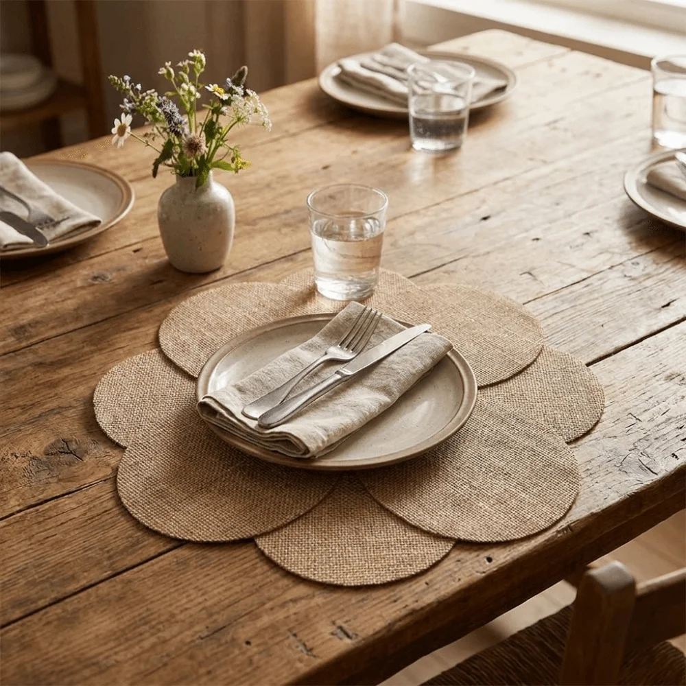 2PCS Creative Sewing Petal Design Jute Placemat Eco-Friendly Soft Bowl Mat Rustic Decorative Heat Insulation Pad Kitchen