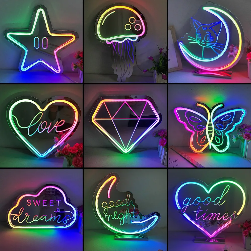 Bluetooth APP Mirror Neon Led Sign Lights for Room Decor Adjustable Color Party Decoration Start Cloud Love Shape Neon NightLamp