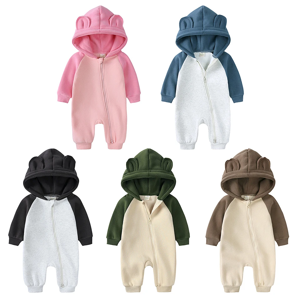 

Осенне-зимние хлопковые комбинезоны с капюшоном для маленьких девочек и мальчиков, повседневные боди для малышей, утепленный милый мягкий комбинезон с длинными рукавами для новорожденных