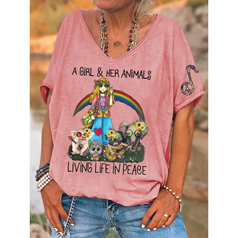 ilstile Retro Hippie Women's Living Life In Peace Print T-Shirts  Summer Short Sleeve Casual Loose V Neck Tops Tee New Arrival