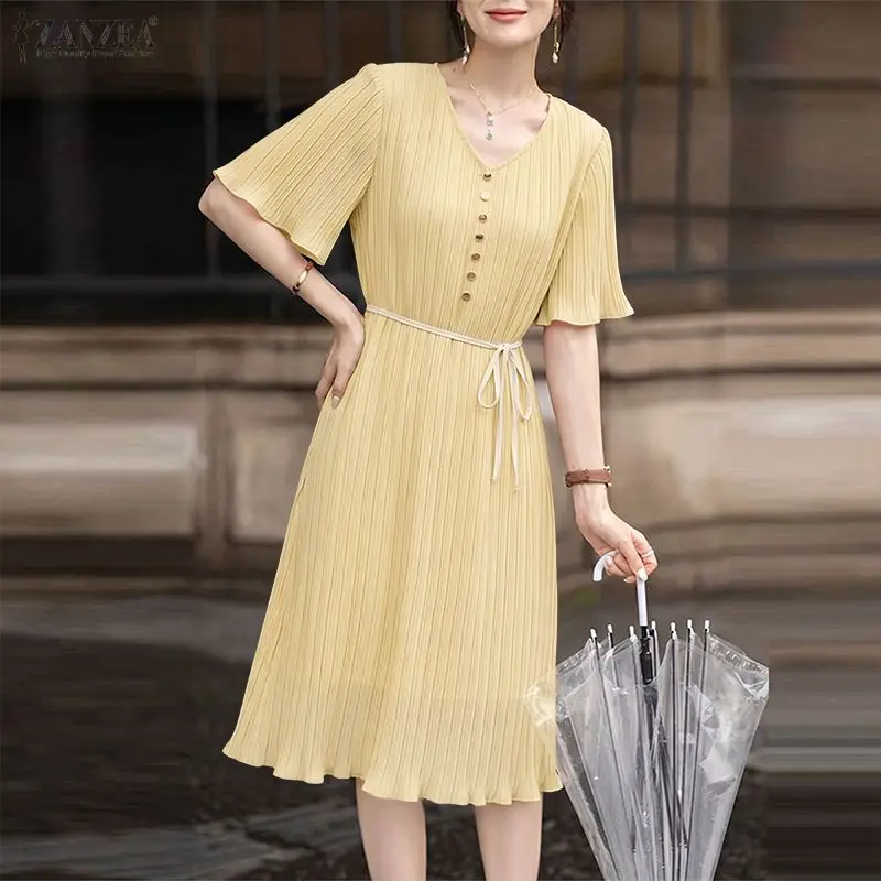 ZANZEA Elegantes Plissee-Patchwork-Midikleid für Damen, lässig, V-Ausschnitt, gebundene Taille, A-Linien-Kleider, Sommerkleider mit halben Ärmeln, Roben Femme