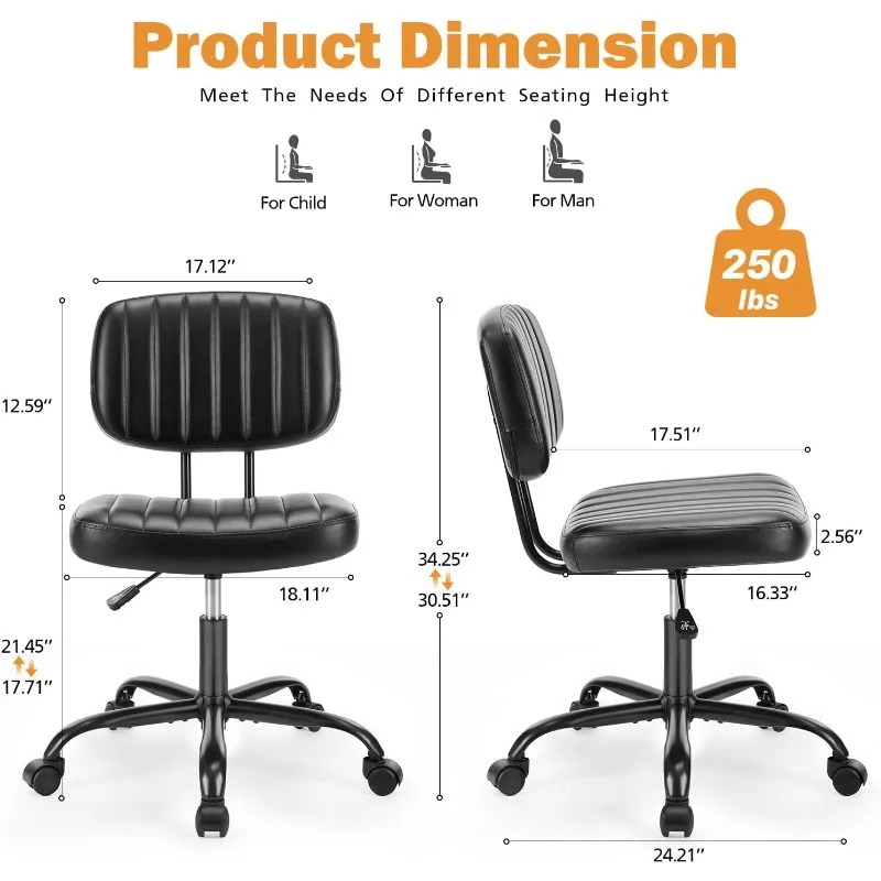 Small Office Desk Chair with Wheels Armless Comfy Computer Chair with Lumbar Support, PU Leather Low Back Adjustable