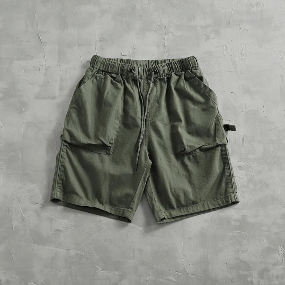 Loose Trend Simple Cargo Big Pocket Shorts Men's Cotton Made Old Wash Elastic Waist Drawstring Five Quarter Pants