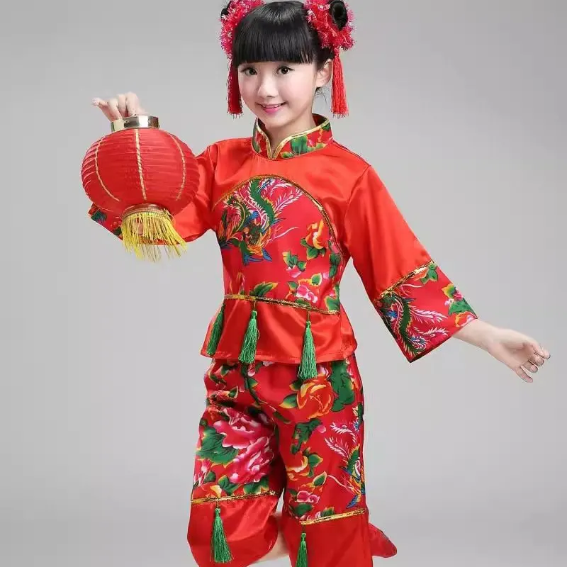 New Year Red Hanfu children\'s Girls Traditional Suit National Younger Style Clothing Fan Yangko Stage Dancing Clothes Costumes