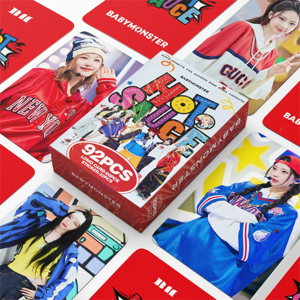92PCS BABYMONSTER HOT SAUCE Album Photocards - RAMI RORA AHYEON RUKA Laser LOMO Cards With Stickers
