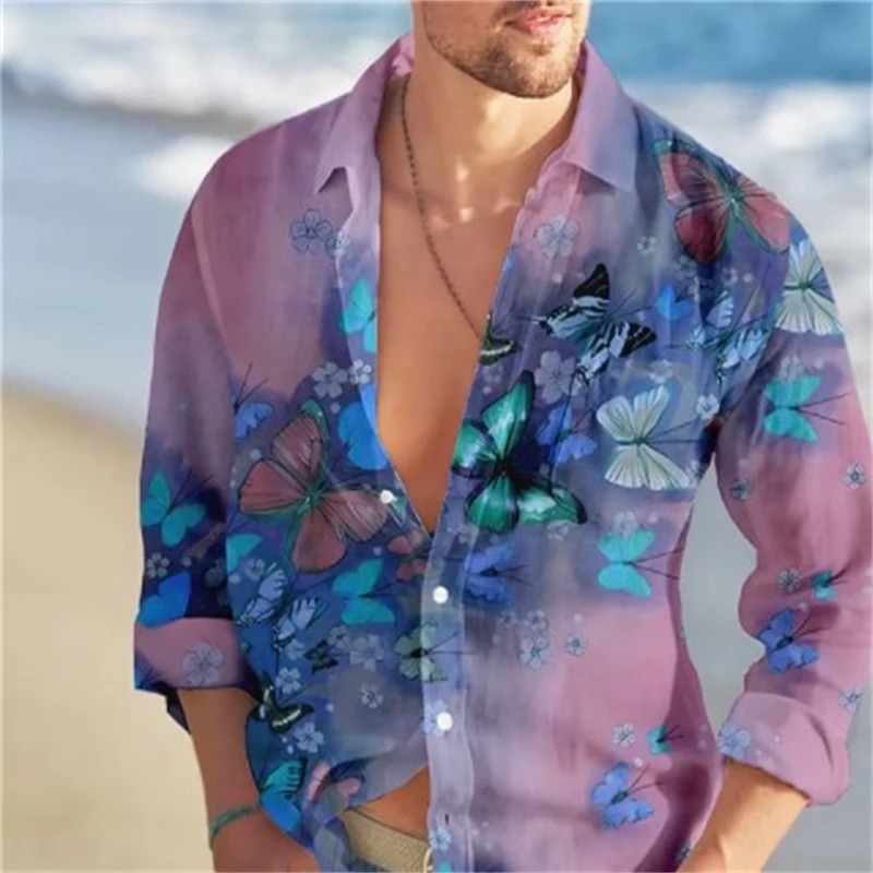 Butterfly Hawaiian Shirts Floral 3d Print Shirts Men Fashion Shirt Long Sleeve Casual Beach Blouse Lapel Tees Tops Men Clothing