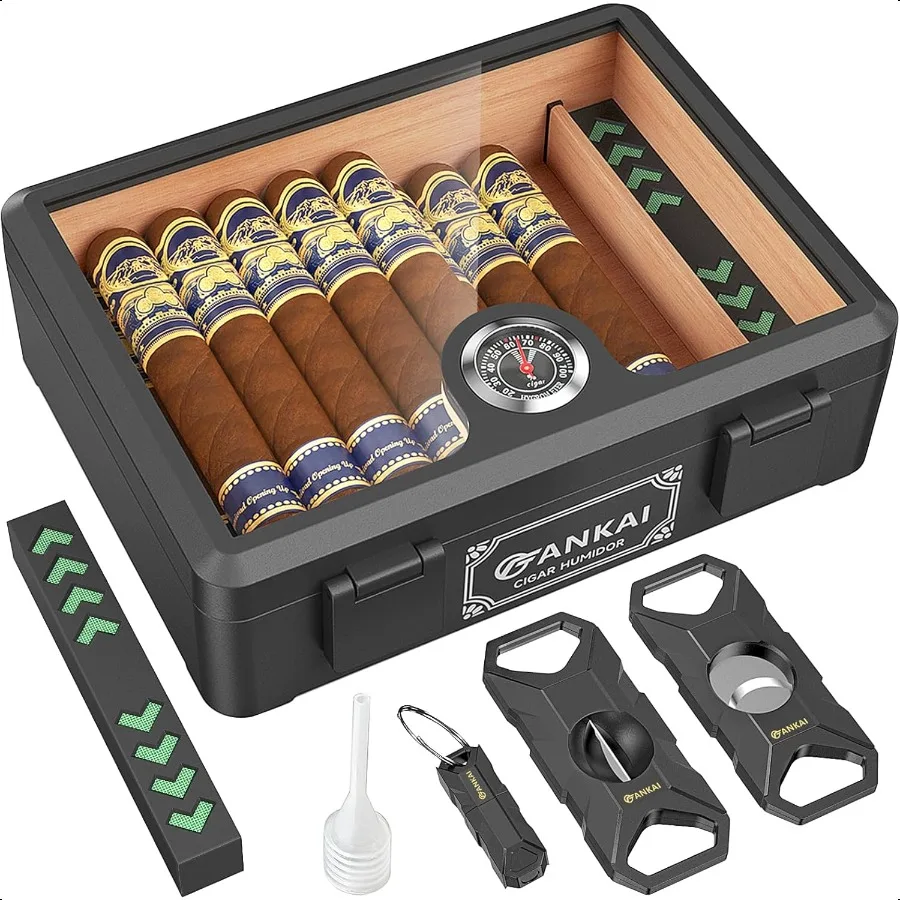 Cigar Humidor Full Glass Top Cigar Box with Humidifier and Hygrometer Dropproof Crushproof Cigar Case Cedar Wood Lining Storage
