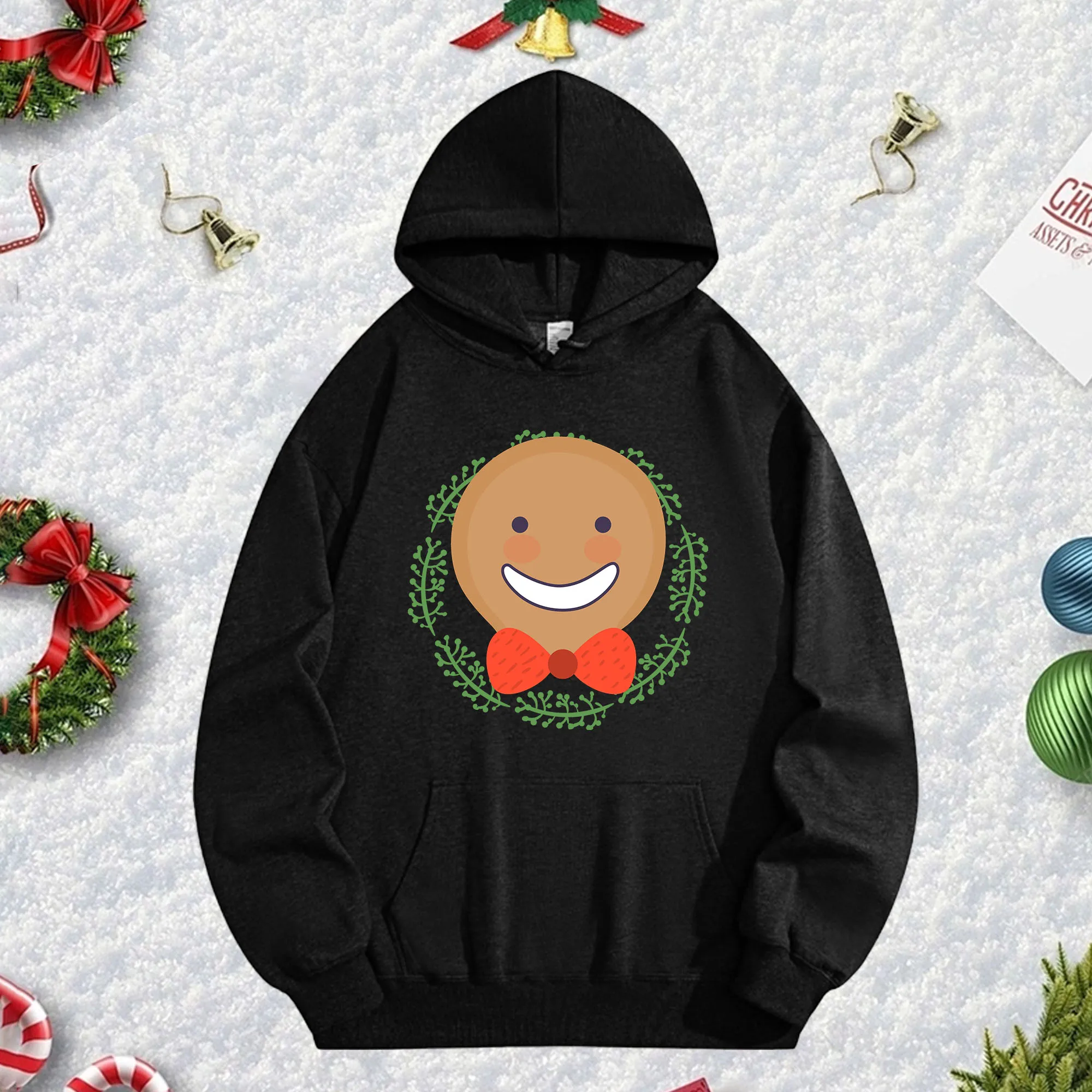 

Рождественский пряничный человечек 270 г, черная толстовка с капюшоном для мужчин и женщин, уютный флисовый пуловер большого размера на осень/зиму, Рождество, Новый год