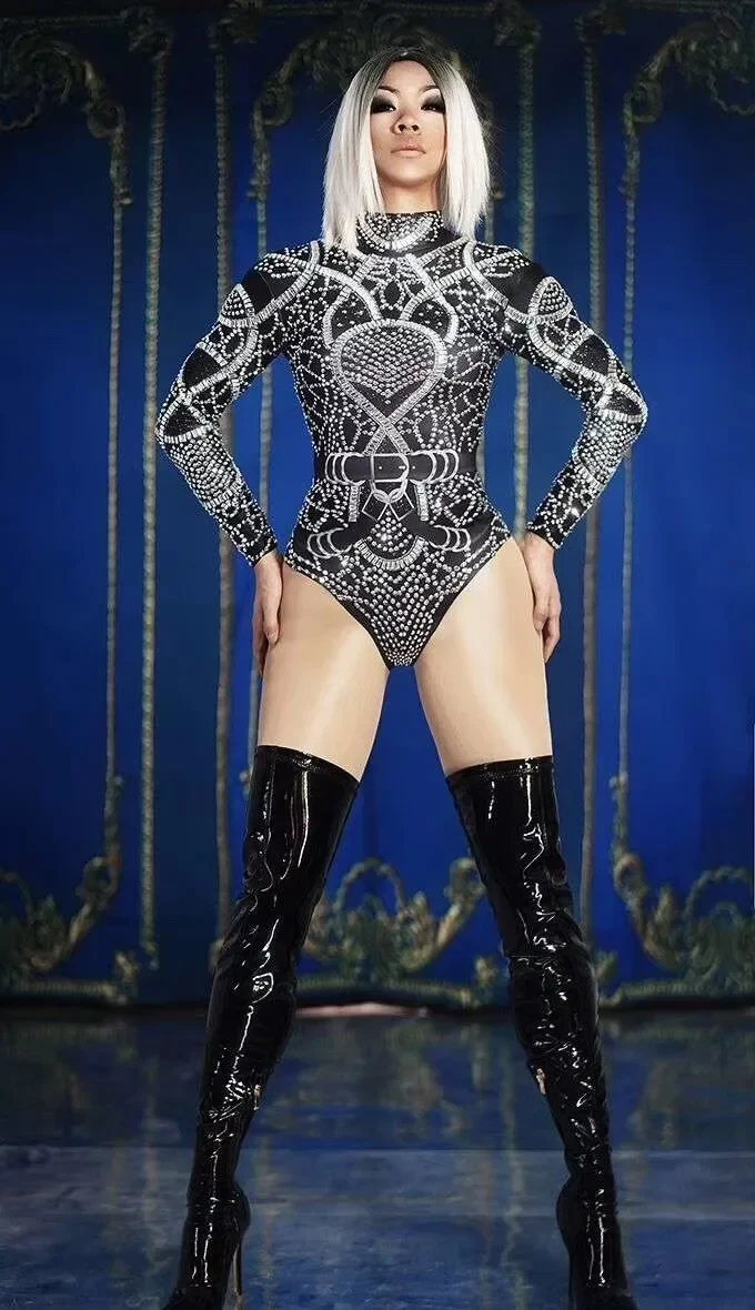 라인스톤 여성 섹시 반짝이 바디수트 생일 축하 이브닝 파티 바디수트 나이트클럽 가수 댄스 공연 의상