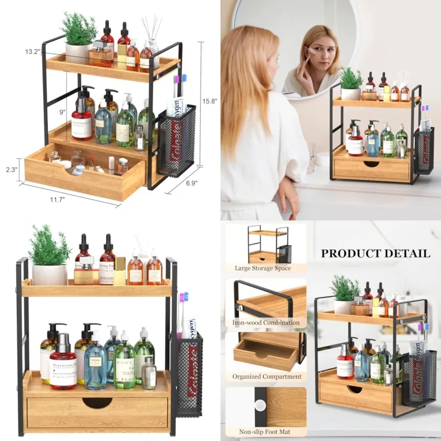 

Bathroom Counter Organizer with Drawer and Basket,Wood Countertop Organizer for Bathroom Decor Makeup Tray for Perfume Skincare Bedroom Kitchen Corner