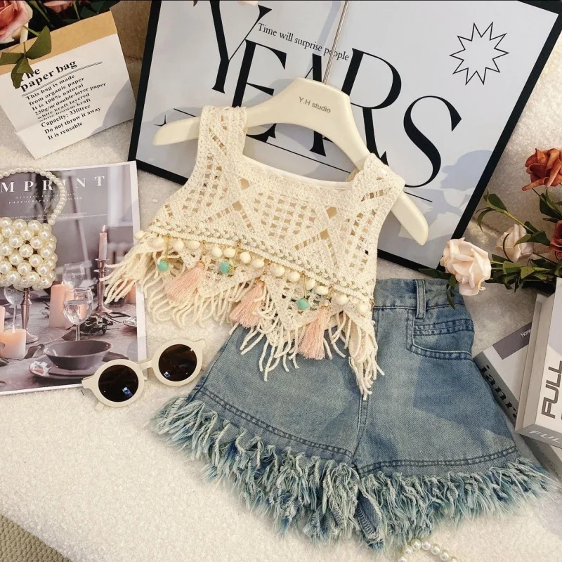 2026Girls' Summer New Hollow Vest Camisole Denim Shorts Three-Piece Set
