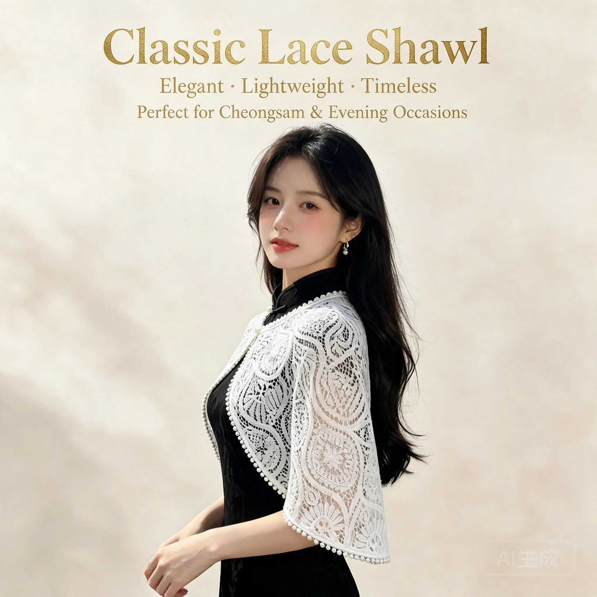 Vintage New Chinese Style Lace Pearl Trim Lightweight Summer Cape Shrug For Women Qipao Dresses Wedding Party Evening Cover Up