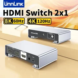 Unnlink 8K 60Hz Przełącznik HDMI 2x1 4K 120Hz Przełącznik HDMI 2 wejścia 1 wyjście z pilotem do konsoli Xbox PS5 PC do monitora TV EQ 6-30 metrów