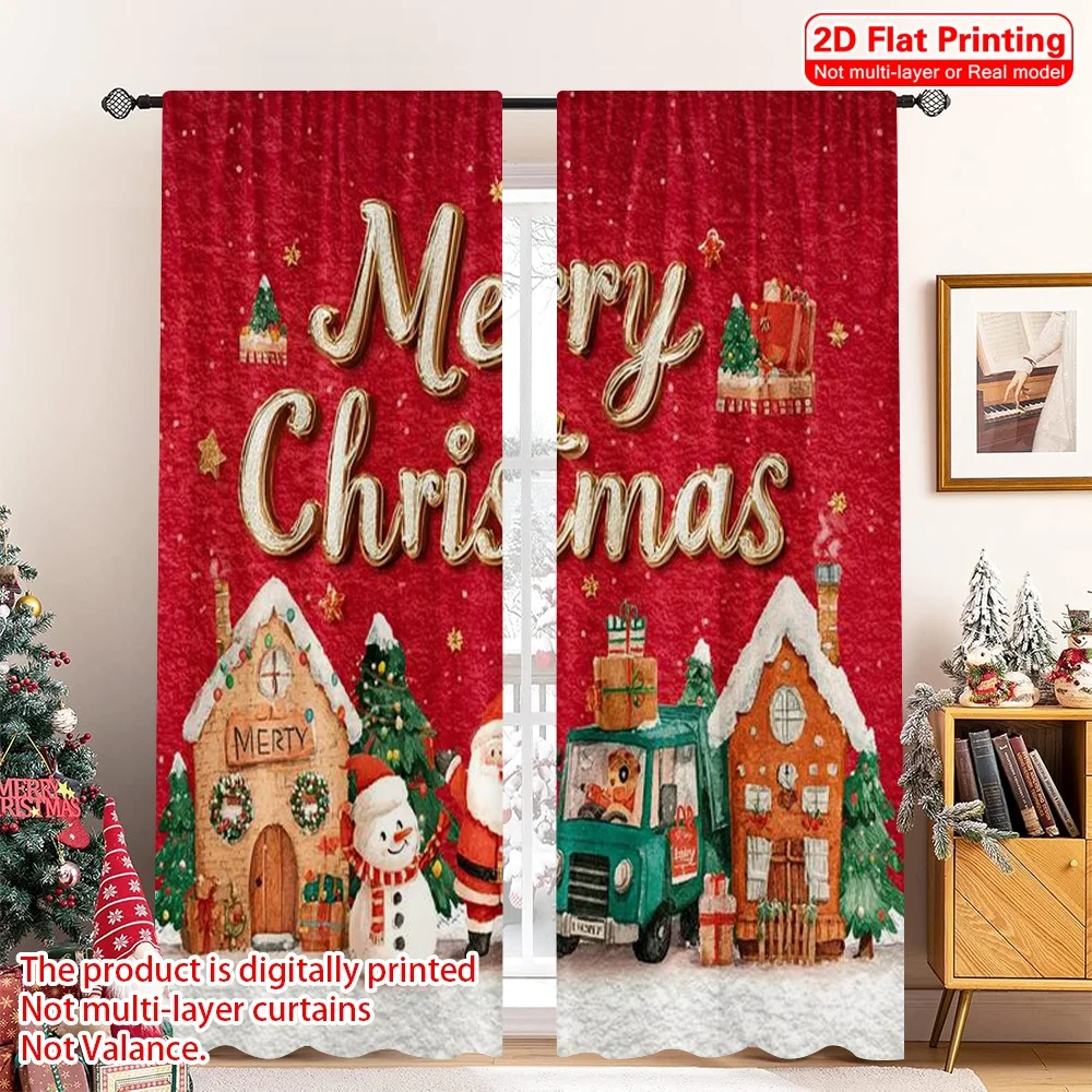 

2pcs 2D flat printing Merry Christmas Window Curtains Red Santa Claus 100% Polyester Without Electricity Party Decorations for