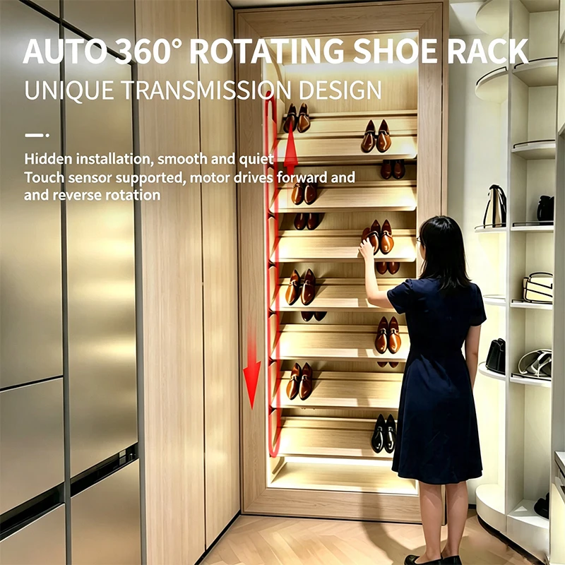 Wardrobe Vertical Revolving Storage Organizer Cabinet Motor 360° Rotate Mechanism Display Automatic Electric Rotating Shoe Rack