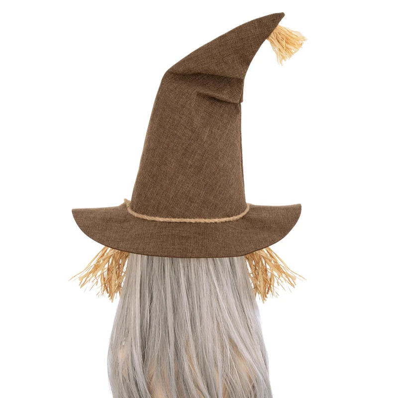 Halloween Brown Patchwork Scarecrow Hat With Straw Tassel Rope For Adults Farm Carnival Witch Cosplay Costume Accessory Prop