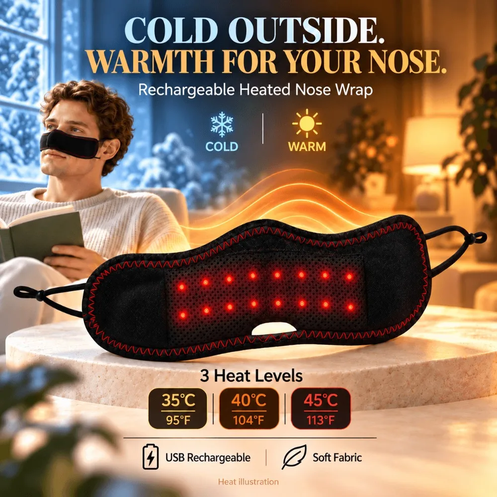 Red Light Heated Nose Mask, USB Rechargeable Nose Warmer, 3 Heat Levels, Adjustable Ear Loops, Portable for Cold Weather Comfort