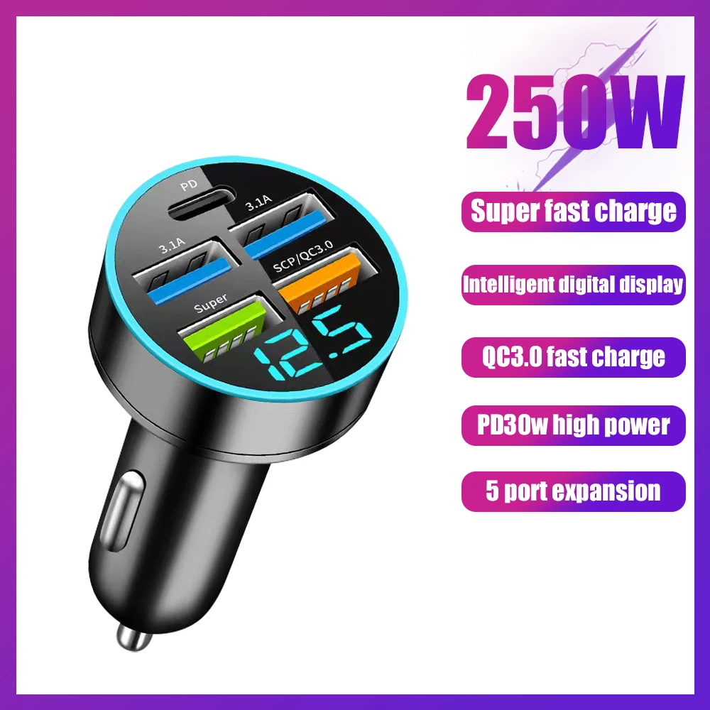 250W 5 in 1 PD QC3.0 Car Charger Fast Charging USB C For iPhone Samsung Huawei Xiaomi Multi Port Cigarette Lighter Adapter