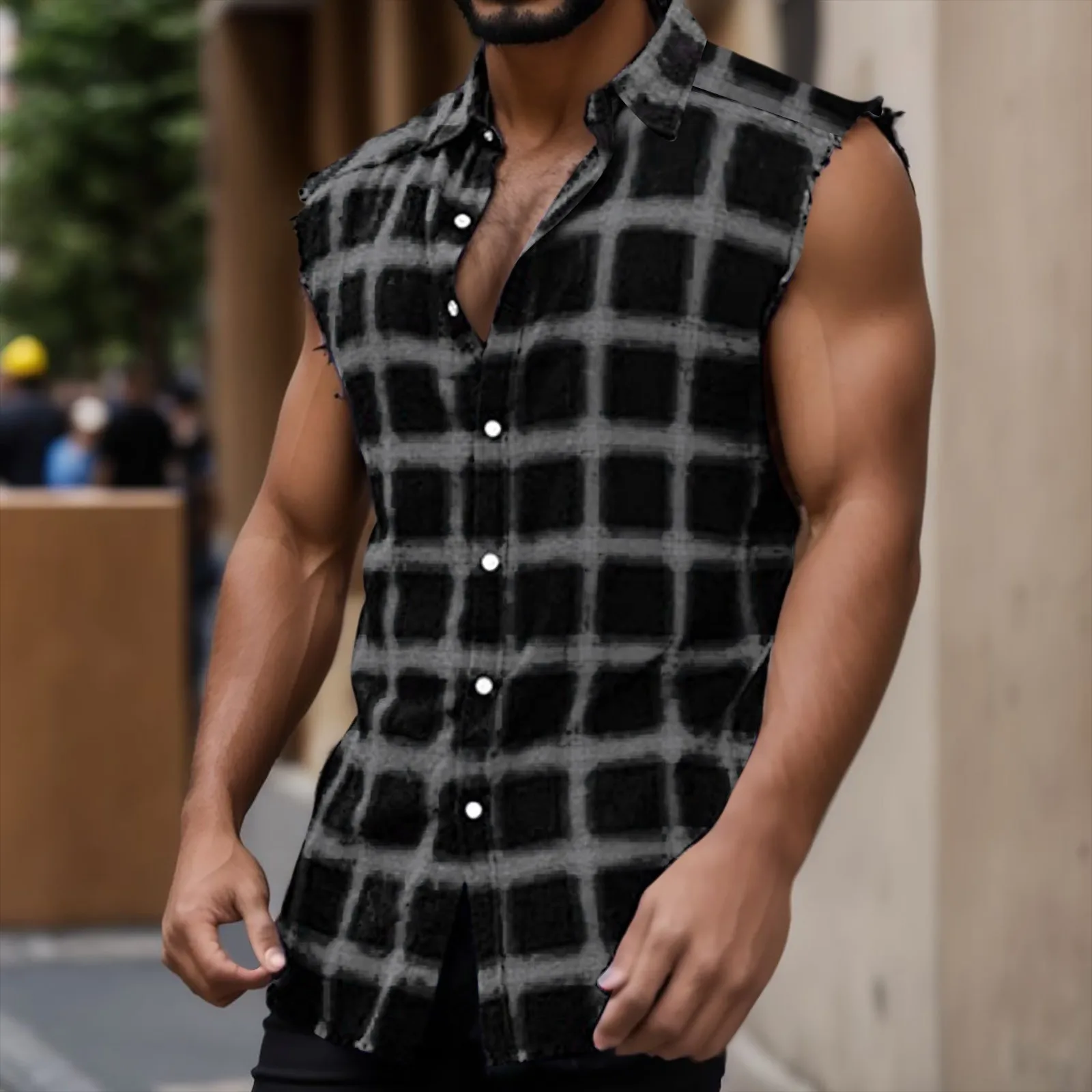 Y2k Vintage Plaid Print Tank Tops For Mens Stylish Lapel Button Vests Sleeveless Top Shirts Summer Casual Daily Streetwear