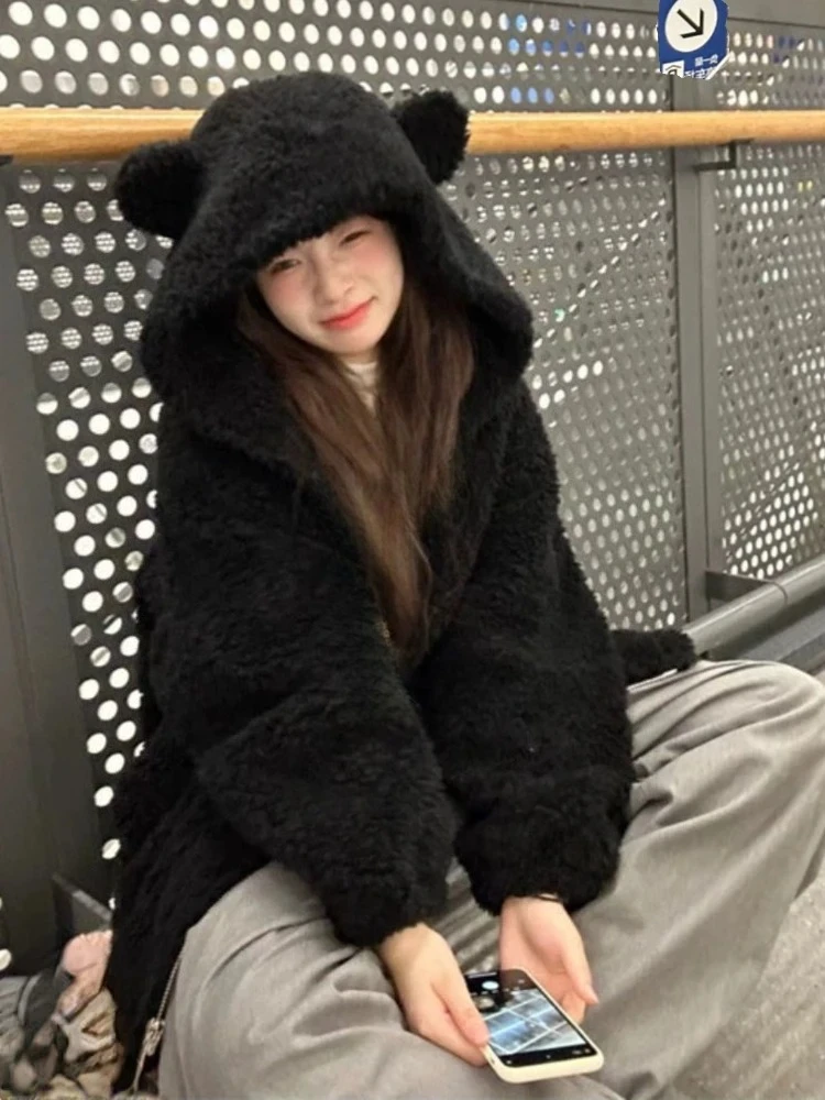 

Winter Streetwear Fashion Black Cat's Ears Warm Jackets Y2k Aesthetic All Match Oversized Tops Casual Grunge Zipper Coats Women