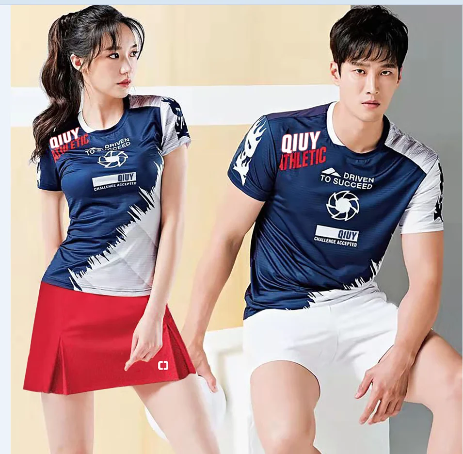 South Korea big size tennis suit top men\'s and women\'s quick drying sportswear badminton team print round neck summer table tenn