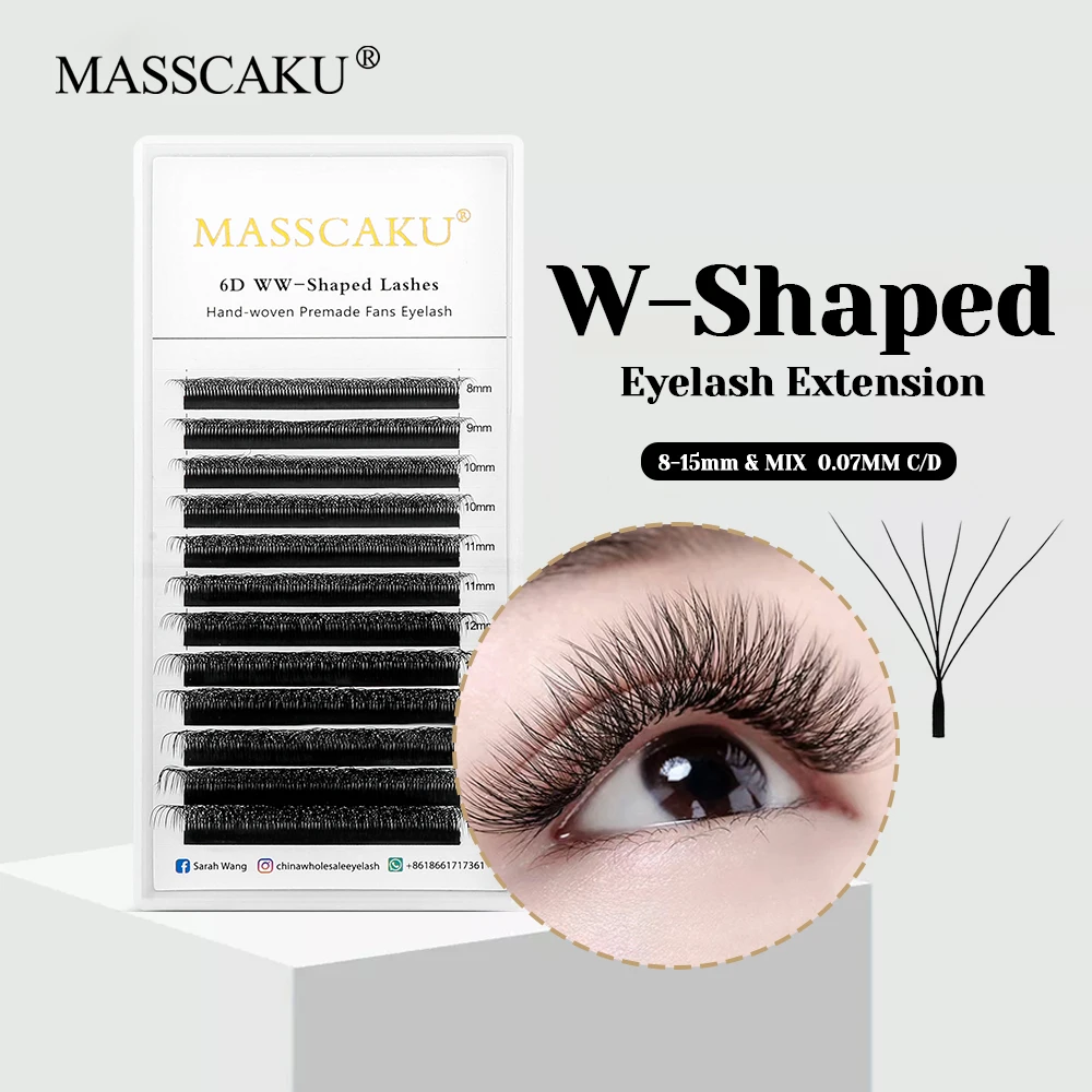 

New Style MASSCAKU 8-15mm and Mix Length Russian Volume Eyelashes Premium Faux Mink Material W Shaped Premade Fans Lashes Trays