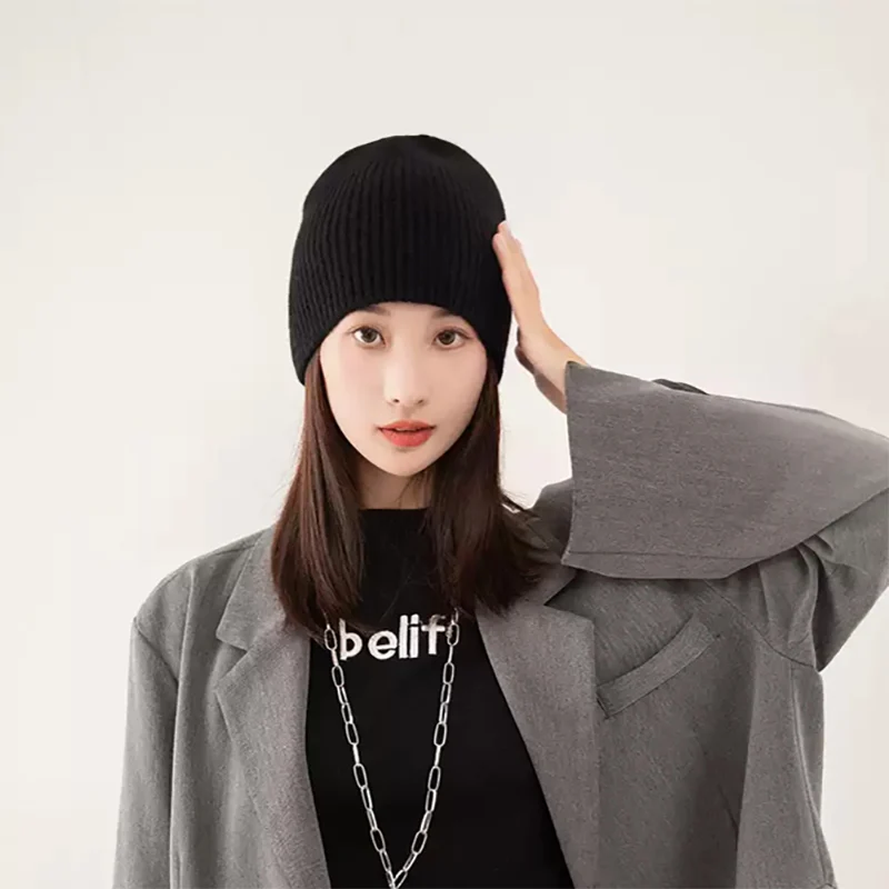 

Новая женская шерстяная шапка-бини, однотонная вязаная шапка в рубчик без манжет, идеальная мужская шапка, подходящая для повседневного наряда, теплая эластичная зимняя повседневная одежда