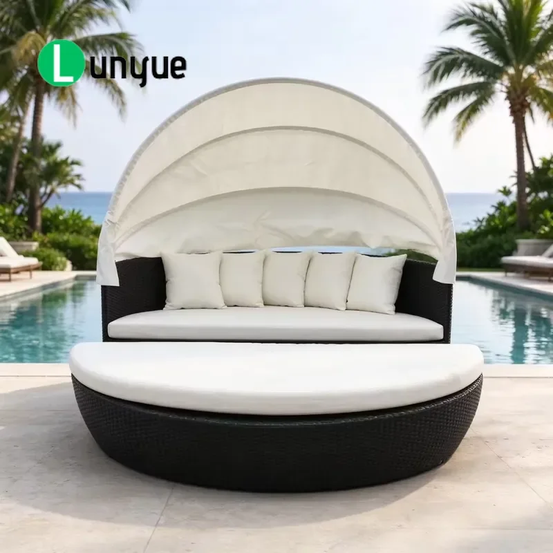 Outdoor Wicker Aluminum Frame Circular Lounge Chair with Canopy Rattan Sunbed for Terrace Villa Poolside Durable Relaxing