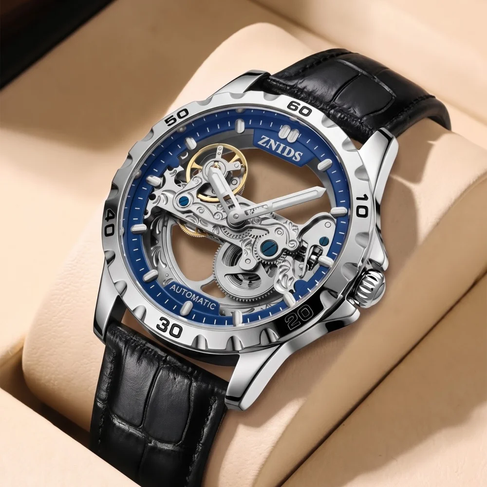 Luxurious Men's Fully Automatic Skeleton Mechanical Watch, Skeleton Dial, Leather Strap, Visible Mechanical Movement, Luminous Hands, Waterproof, Self-Winding, Dual-Purpose Business and Sports Watch, Ideal for Men's Pe