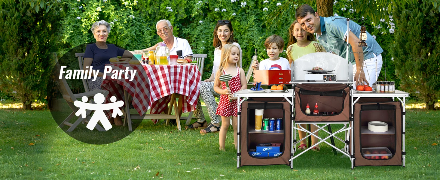SucceBuy Camping Kitchen Table Folding Outdoor Cooking Table W/ Storage Carrying Bag Aluminum Cook Station 3 Cupboard Windscreen