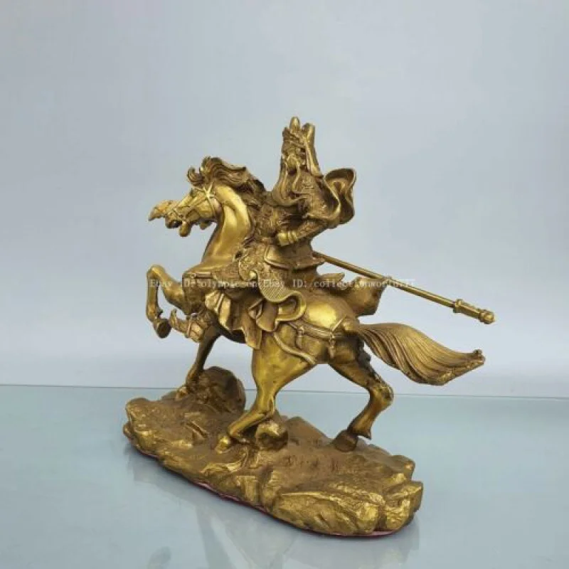 9'' brass sculpture home feng shui Riding Alone horse Guan Gong Guan Yu statue