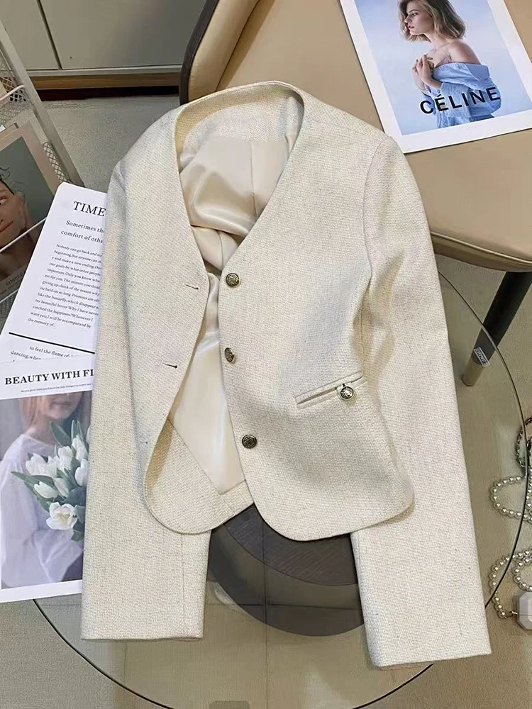 Korean Chic V Neck Blazer for Women Autumn Loose Single Breasted Casual Suit Jacket Y2K Elegant Office Lady All-Match Outerwear