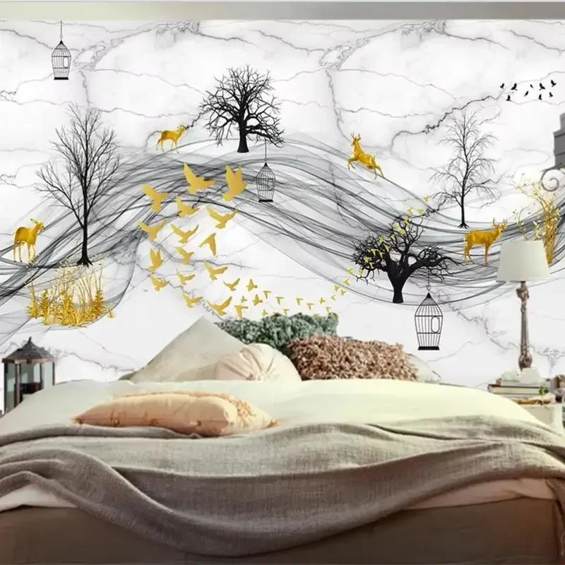 

Пользовательские 3d обои новые китайские абстрактные чернила дым пейзаж искусство мраморная стена лес Лось дым летающая птица свет домашний декор фреска