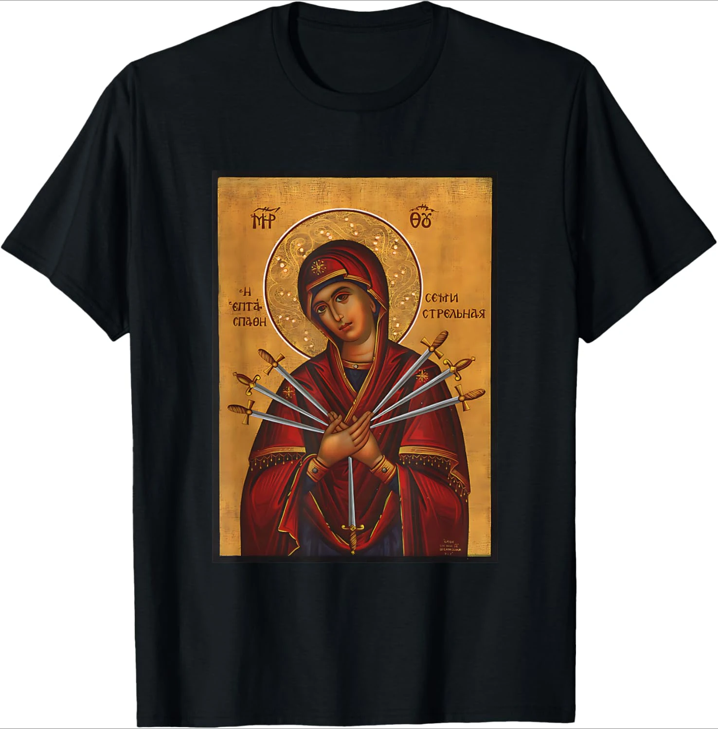 Theotokos Madre María Oriental Arte bizantino ortodoxo Iglesia diseño-100% algodón Camiseta estampada de manga corta con cuello redondo para hombre.