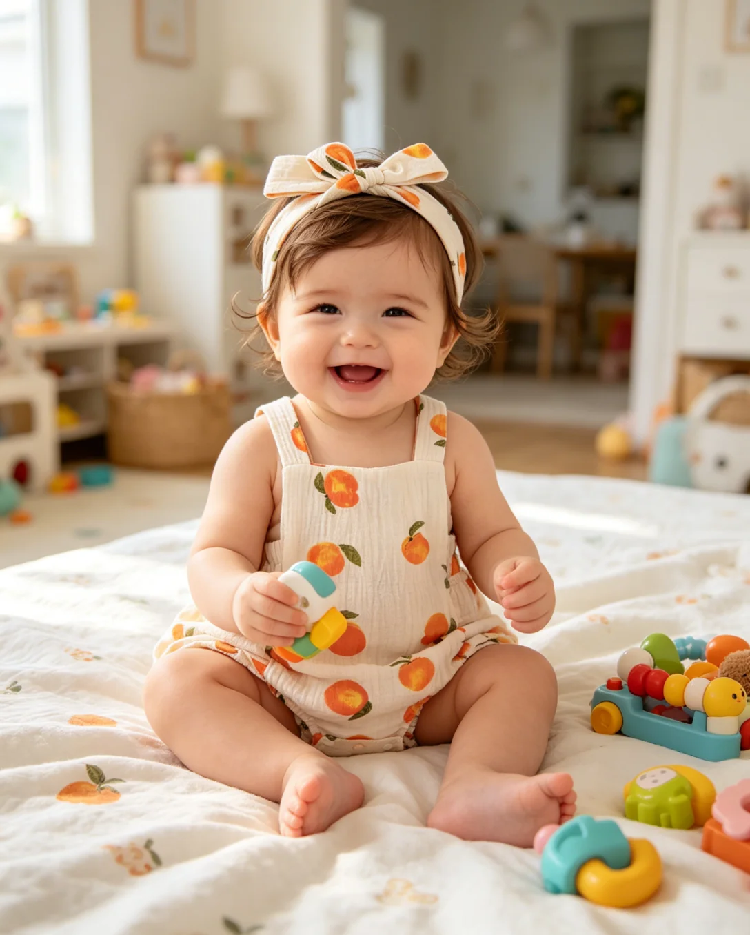 Summer Toddler Girl Sling Romper 0-2 Years Peach Print Ruffle Bubble Bodysuit Matching Peach Bow Headband Set