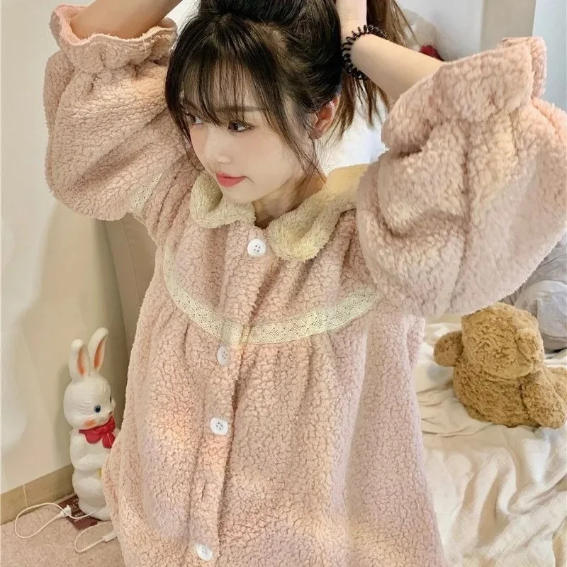 2023 Lovely Sweet Pajamas Women Warm Long-sleeved Home Clothes Autumn Winter Padded with Velvet Coral Velvet Petite Suit