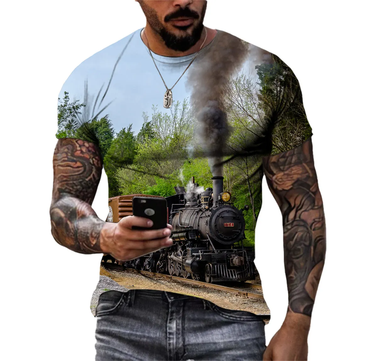 Men\'s HD T-shirt Summer Classic Retro Steam Train Nostalgic Comfortable Short Sleeve Trend Personality Quick Dry Crew-neck Shirt