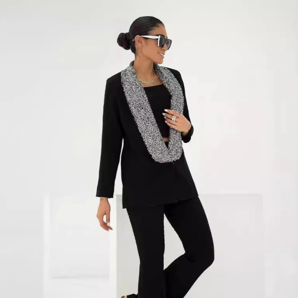 Fashion Sequined Suit Blazer for Women Celebrity Party Wear Full Sleeves Single Button Tuxedo Jacket Women's Fashion Outfit