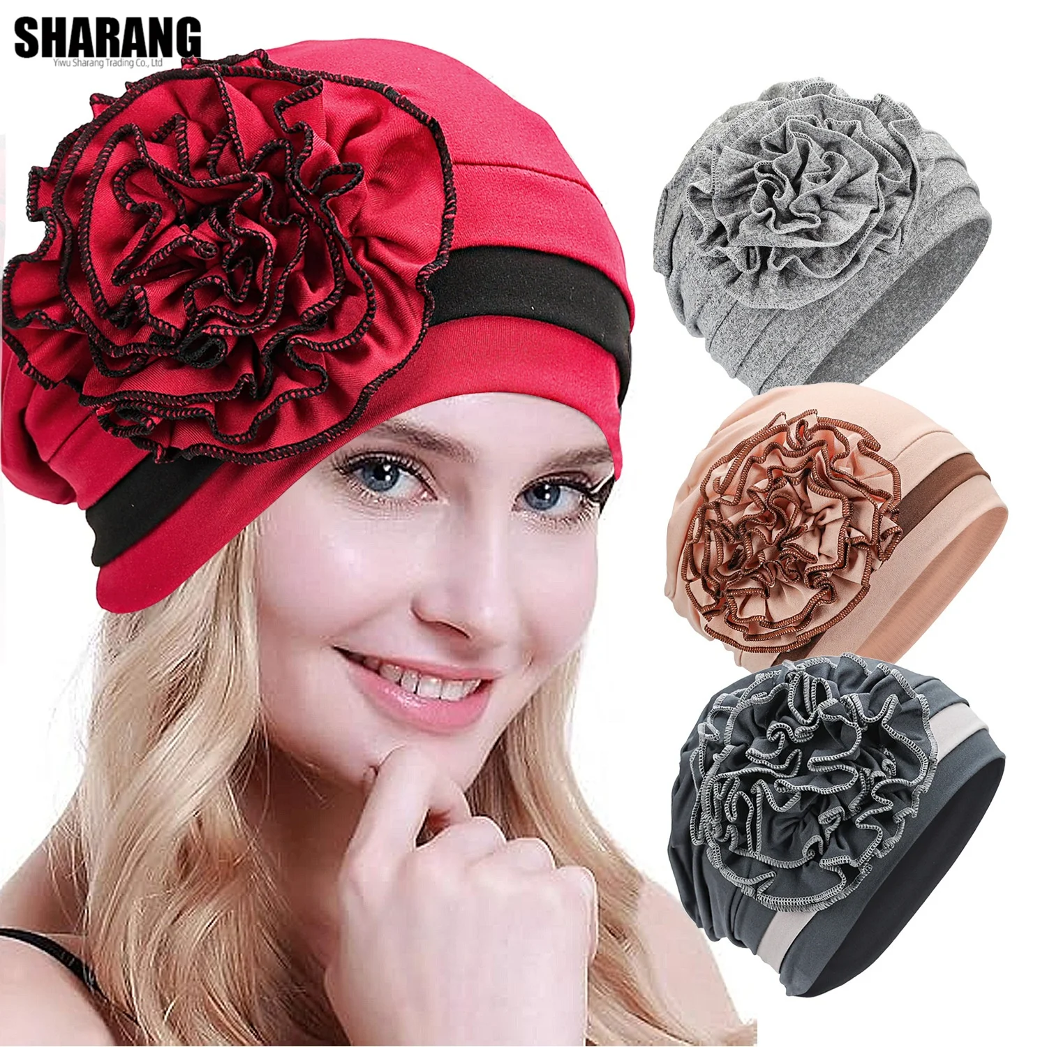Africa Nigeria Women Wear Directly Hijabs Turban Beanie Hat Wth Flower Chemo Headwear Elastic Head Wrap Cap
