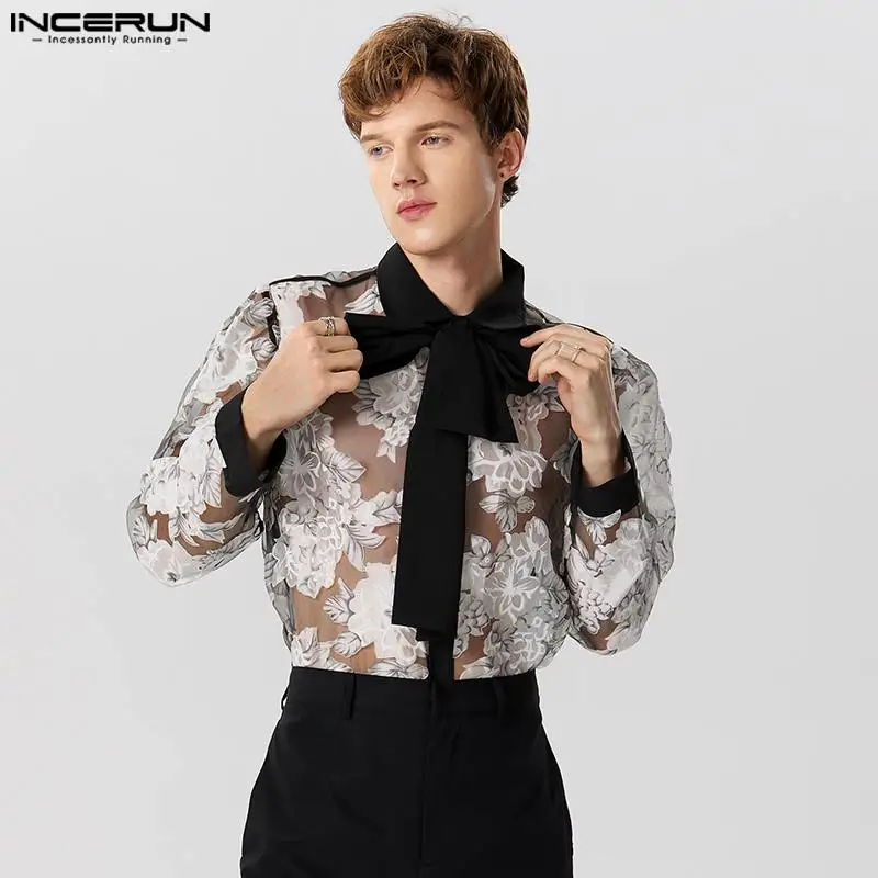 2023 Men Shirt Patchwork Mesh Printed Lace Up Lapel Long Sleeve Sexy Men Clothing Streetwear Transparent Fashion Camisas INCERUN