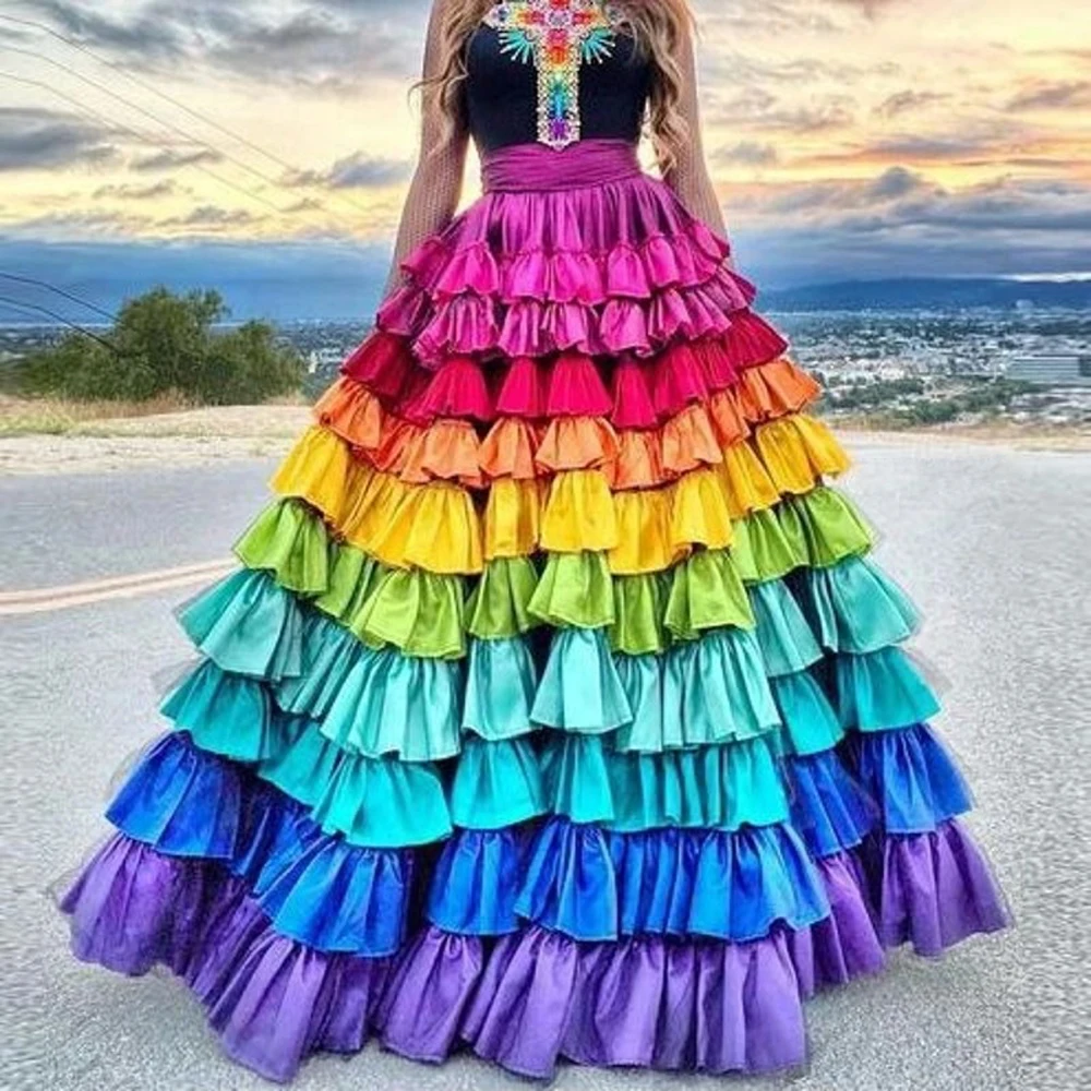 Rainbow Satin Skirts Custom Made Tiered Long Female Skirt Women Christmas Party Skirt