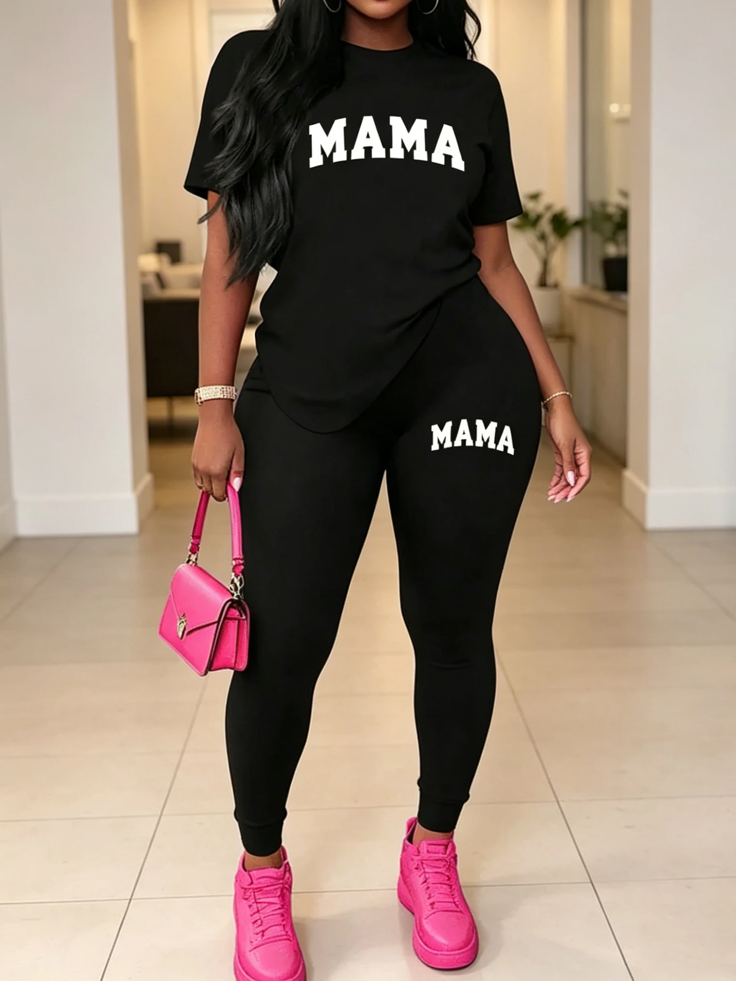 

Women's 2026 Casual Spring/Summer Two Piece Set round Neck Letter Print Top Short Sleeve T-shirt with Matching Letter Print Pant