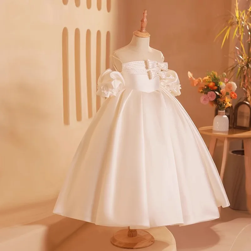 Girls' Formal Dress White Princess Dress Birthday Flower Girl Long Dress Strapless Little Girl Host Piano Performance