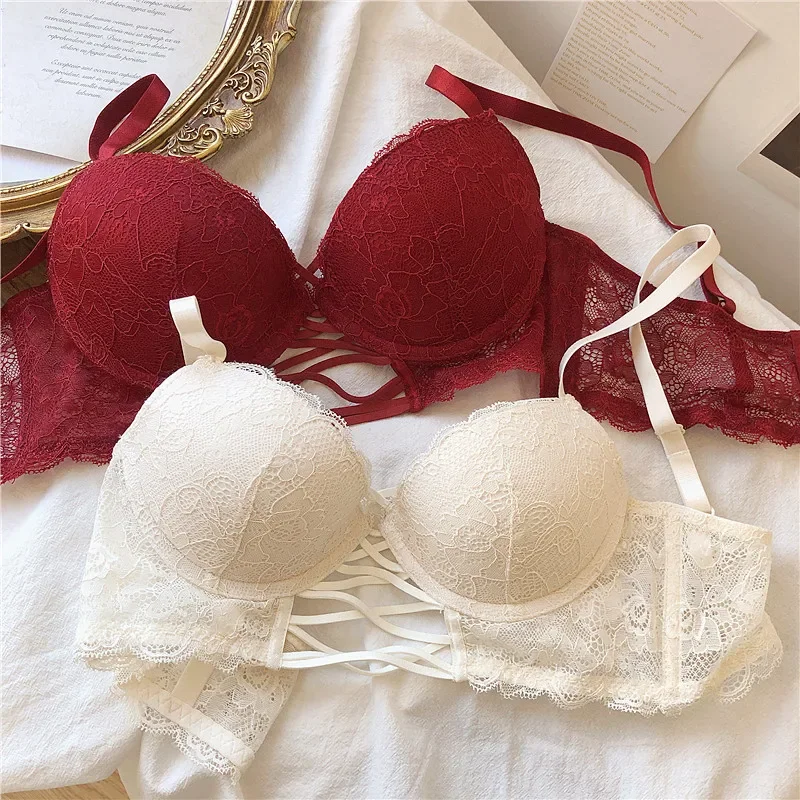 

Sexy lace imitation leather strap lingerie panties suit hollow gather bra set underwear push up women large size bralette