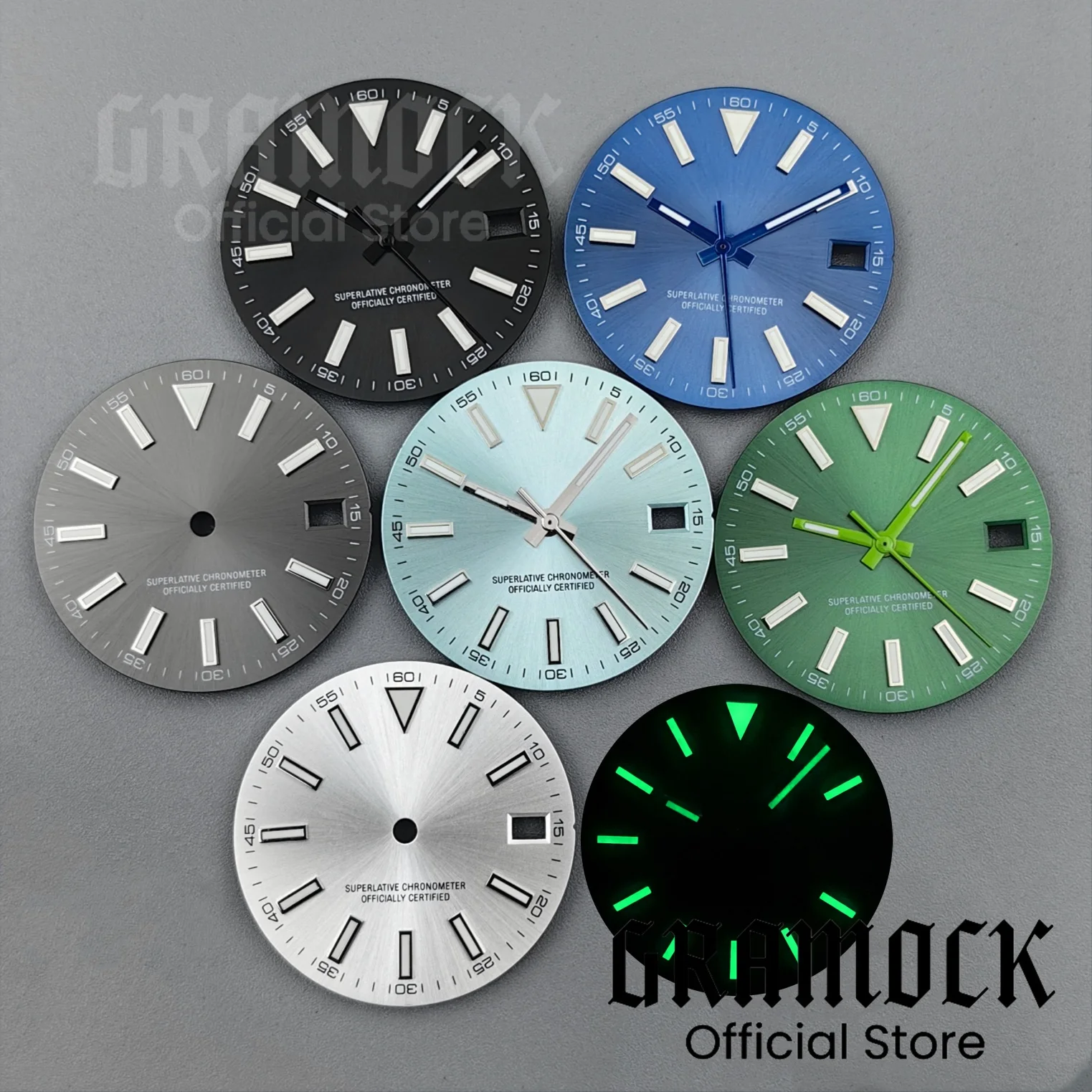 Gramock 29mm Luminous Dial Green Blue Black Sunberst Watch Dial Fit NH34 NH35 NH36 Automatic Movt Mod Watch Parts 3 o'clock Date