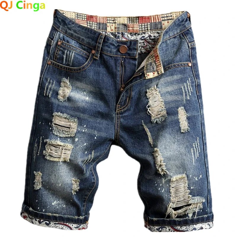 2024 Summer New Blue Men Vintage Ripped Short Jeans Streetwear Hole Slim Denim Shorts Male Brand Clothes Big Size 28-36 38 40