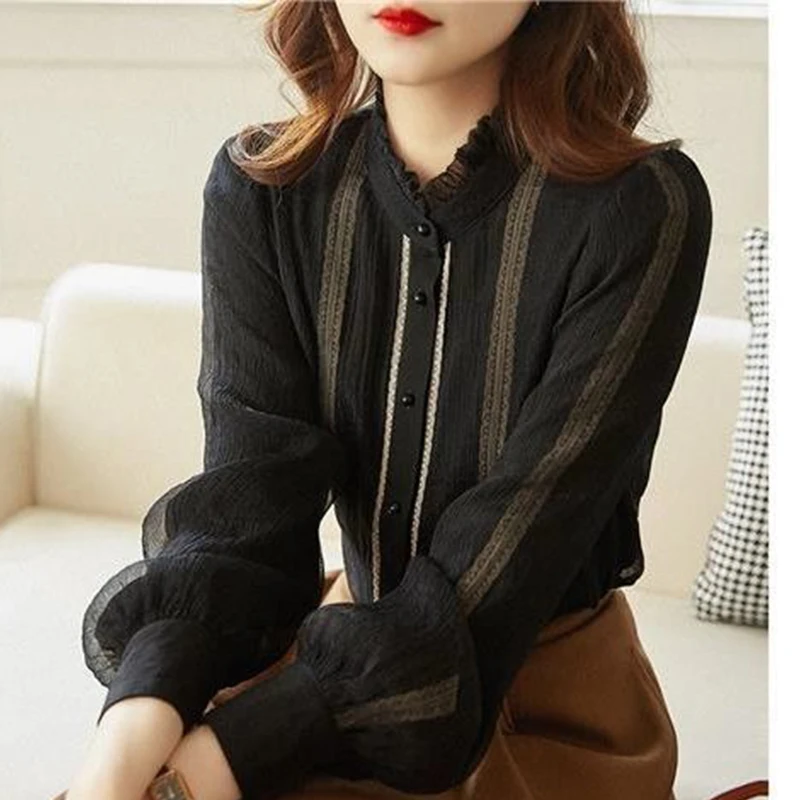 Spring Autumn Elegant Fashion Ruffles Stand Collar Patchwork Shirt Lady Long Sleeve Loose Casual All-match Blouse Femme Cardigan