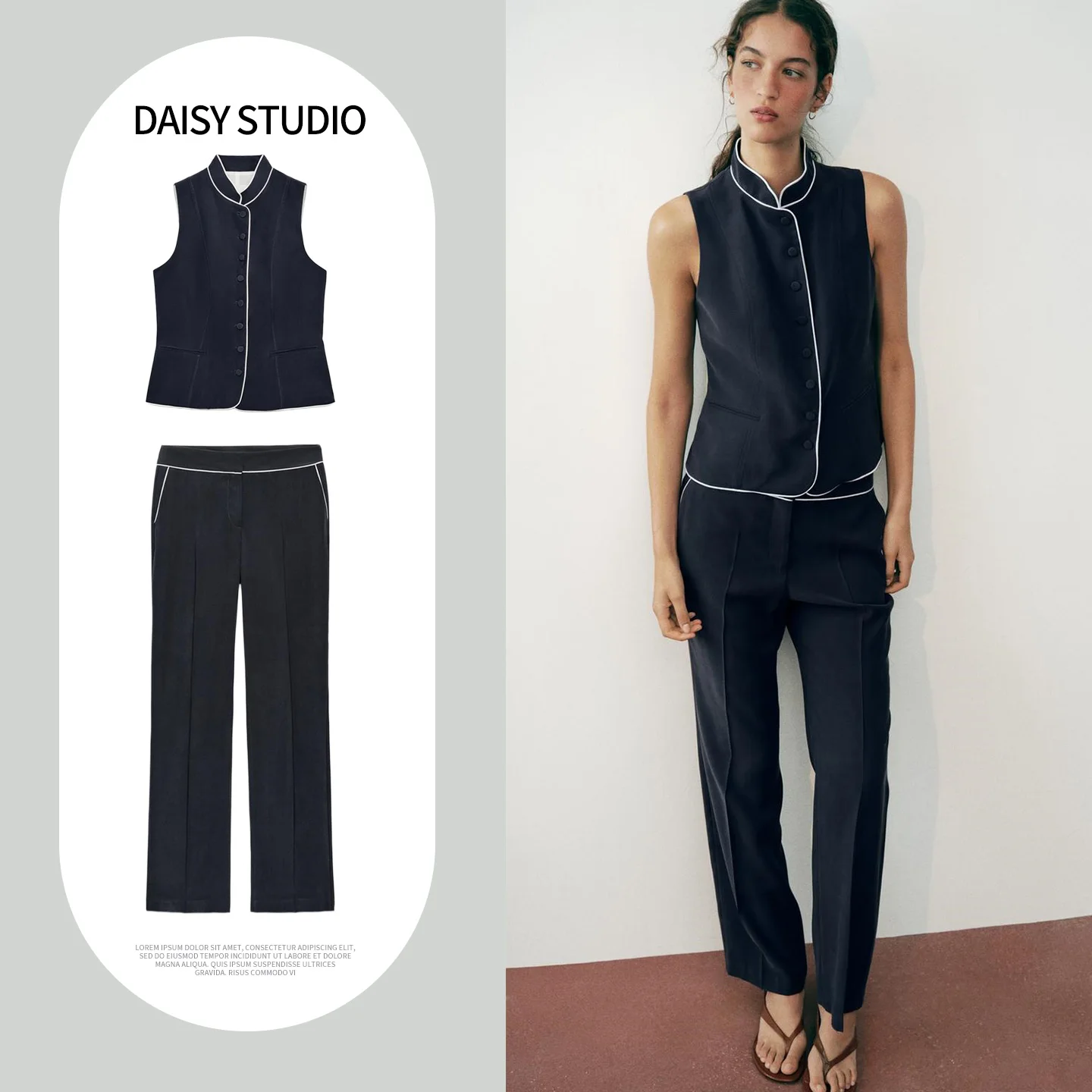 Sleeveless Stand Collar Color Block Trim Vest Top Long Straight Cut Casual Pants Women's Summer Fashion Set Two Pieces