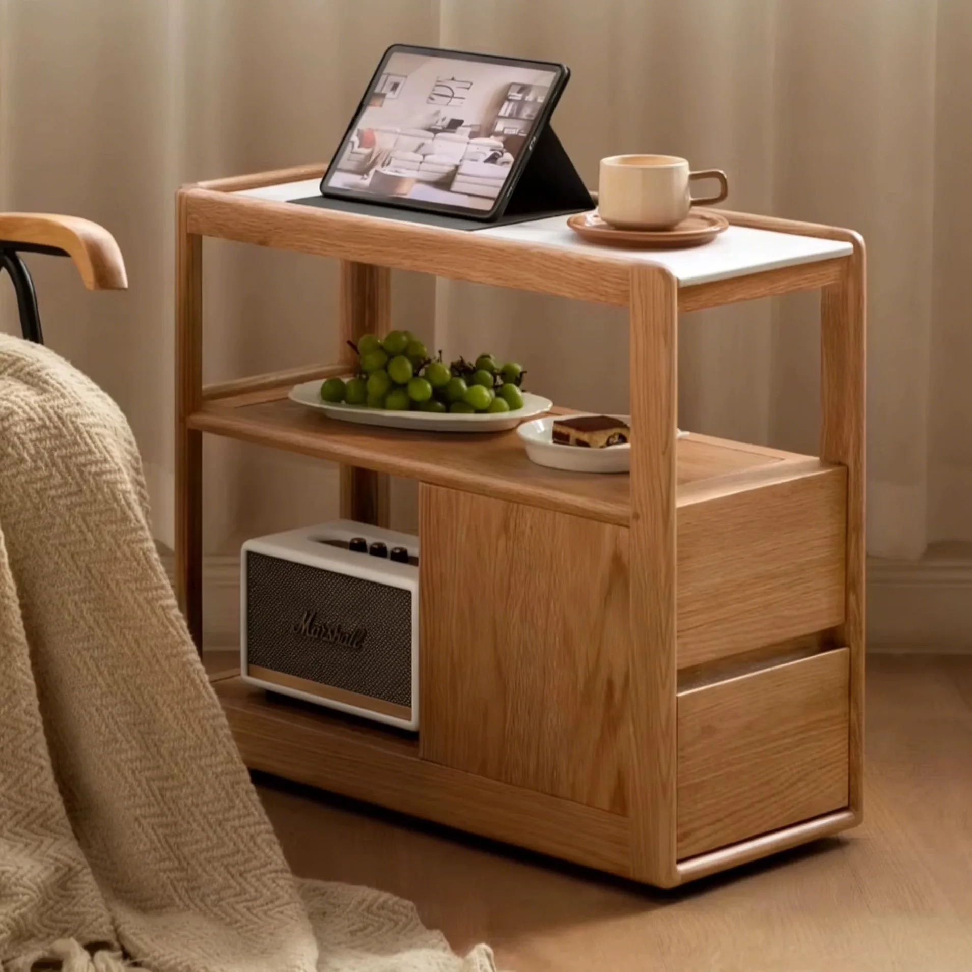 Solid wood sofa side cabinet, rock slab side table, bedroom bedside table, movable narrow side table