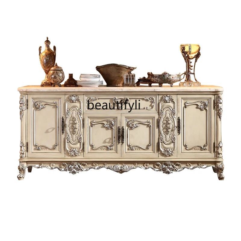 French Court Drawing Silver Sideboard Cabinet European Luxury Tea Cabinet Marble Equipment Sideboard Restaurant Side Cabinet